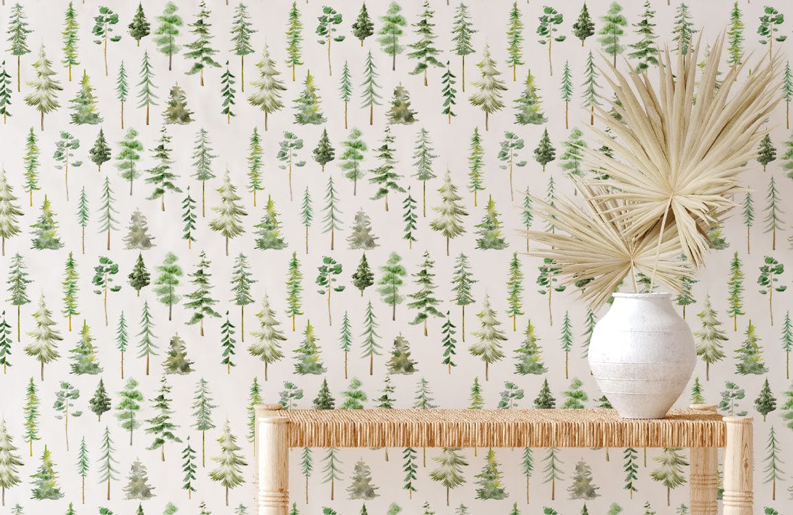 Tranquil Green Forest Wallpaper, modern room, wooden table, vase decor, nature-inspired interior design.