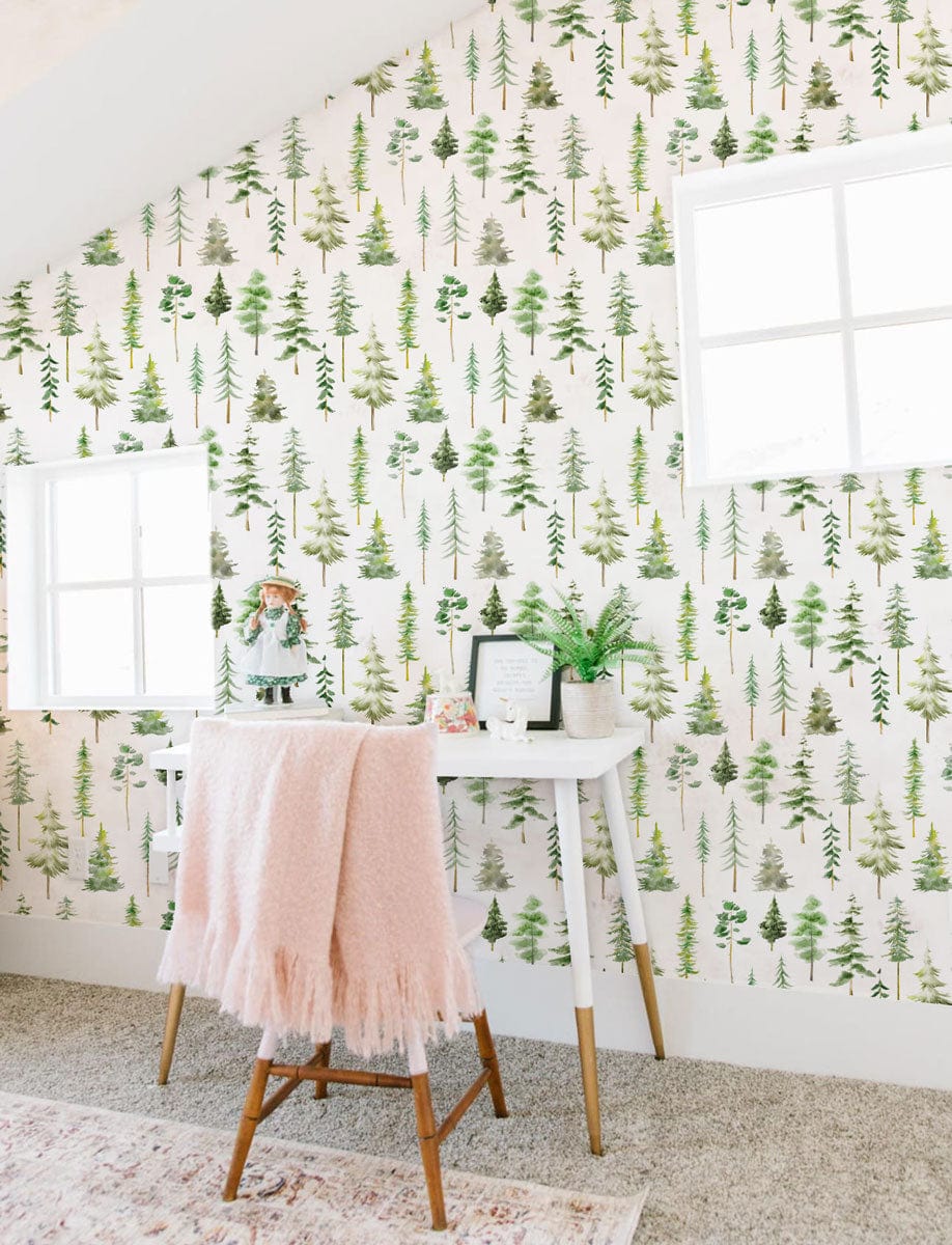 Tranquil Green Forest wallpaper in modern interior with elegant white desk against patterned green walls.