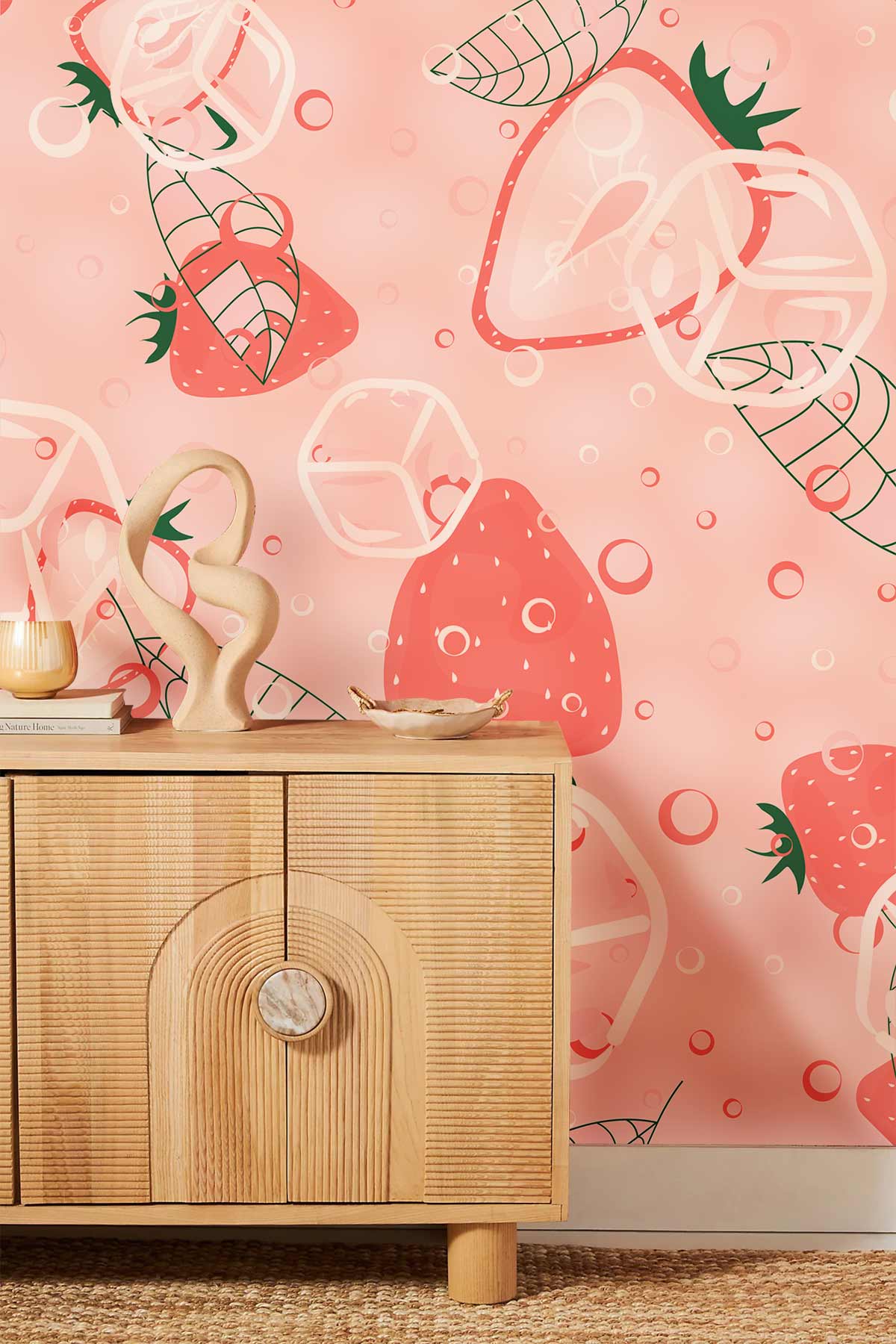 Pink Strawberry Delight Wallpaper, modern fruit design, wooden sideboard, woven rug, contemporary decor.
