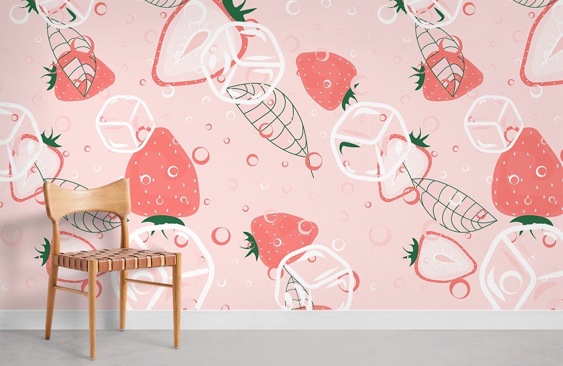 Pink Strawberry Delight wallpaper, wooden chair, light grey flooring, modern fruit design aesthetic, vibrant decor.
