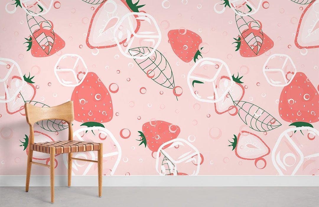 Pink Strawberry Delight wallpaper, wooden chair, light grey flooring, modern fruit design aesthetic, vibrant decor.
