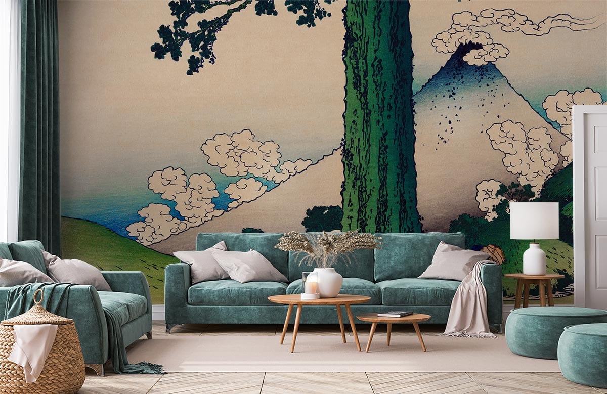 Japanese landscape mural wallpaper with mountain, tree, cloud, teal sofas, wooden coffee table, living room.