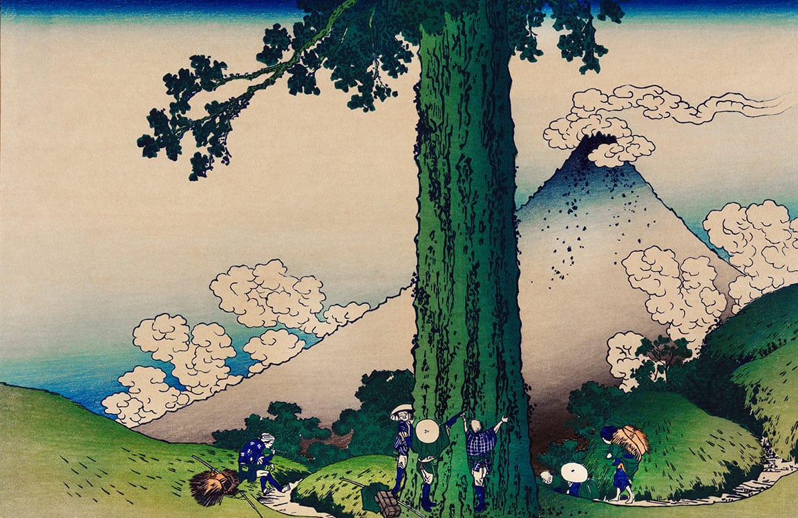 Japanese Landscape Mural Wallpaper with Mountain, Tree, and Cloud Design