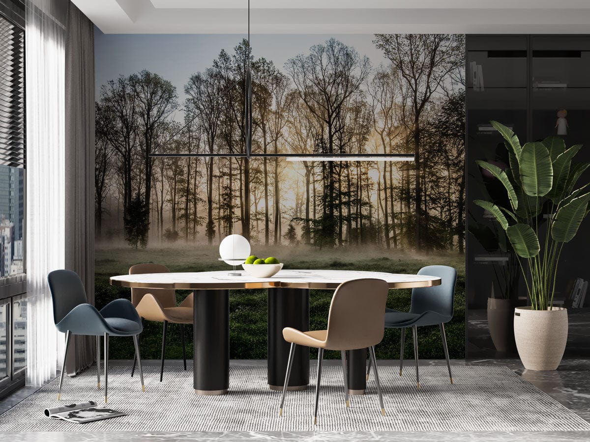 Dining room with Enchanted Woodland Sunrise Mural on wall, modern chairs, beige rug, and large plant.