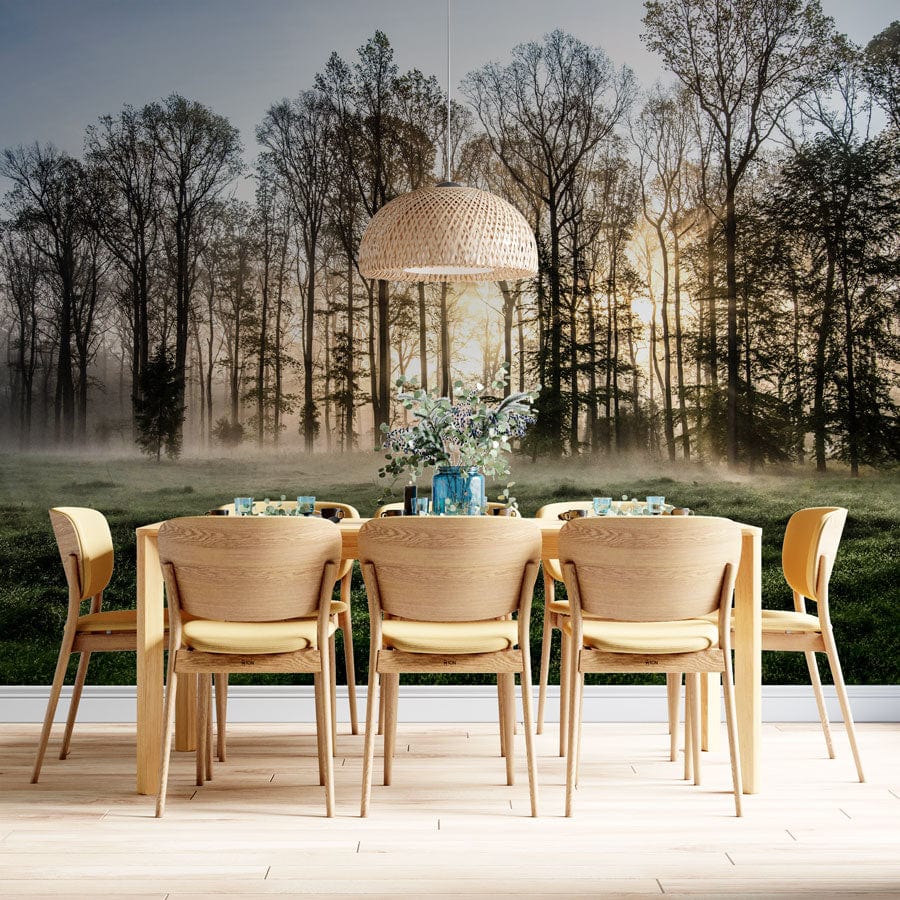 Enchanted Woodland Sunrise Mural: natural landscape, dining room, wooden chairs, light flooring, wicker lampshade.