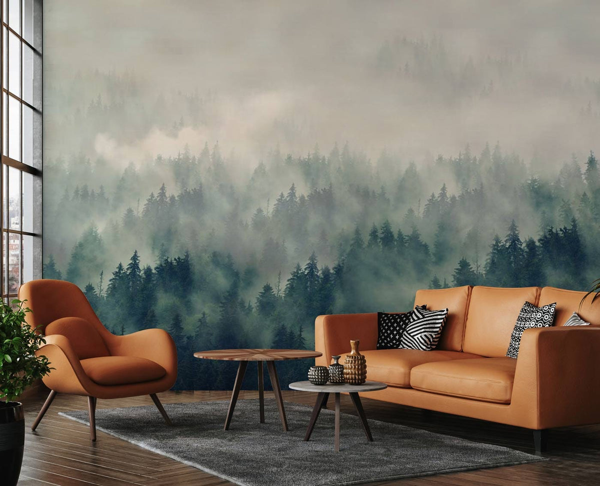Misty forest green mural wallpaper with brown sofa, modern armchair, wooden flooring in living room.