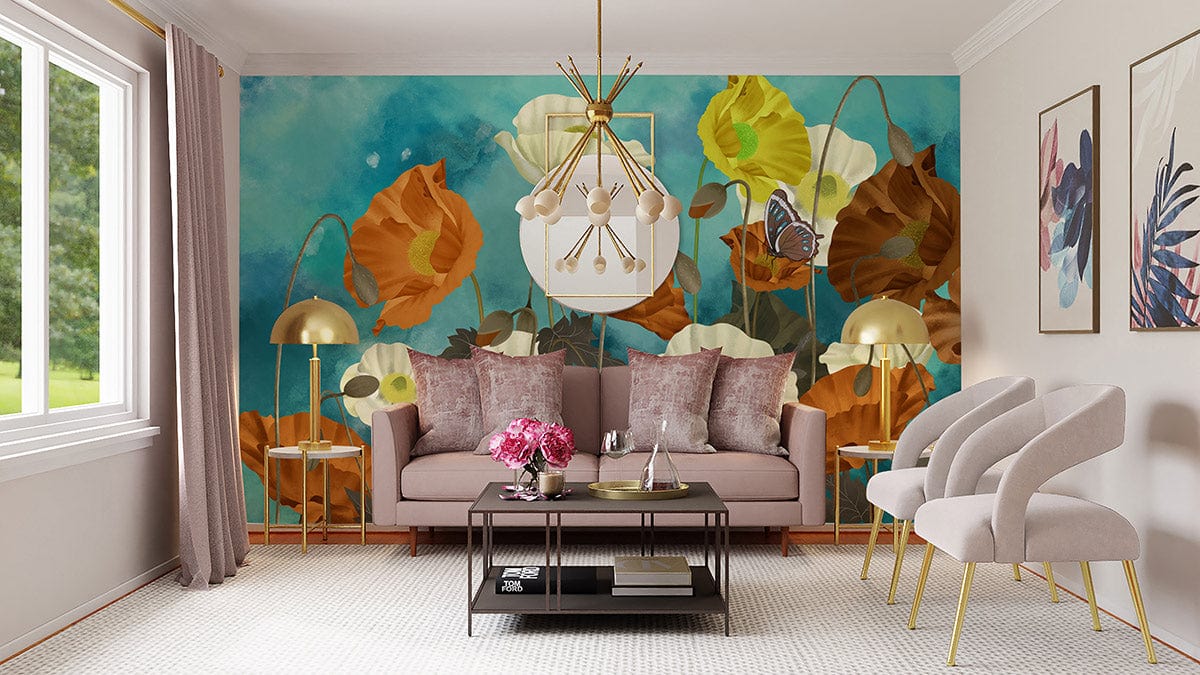 Vibrant poppy and butterfly garden mural in teal and orange, beige sofa, modern gold chandelier.