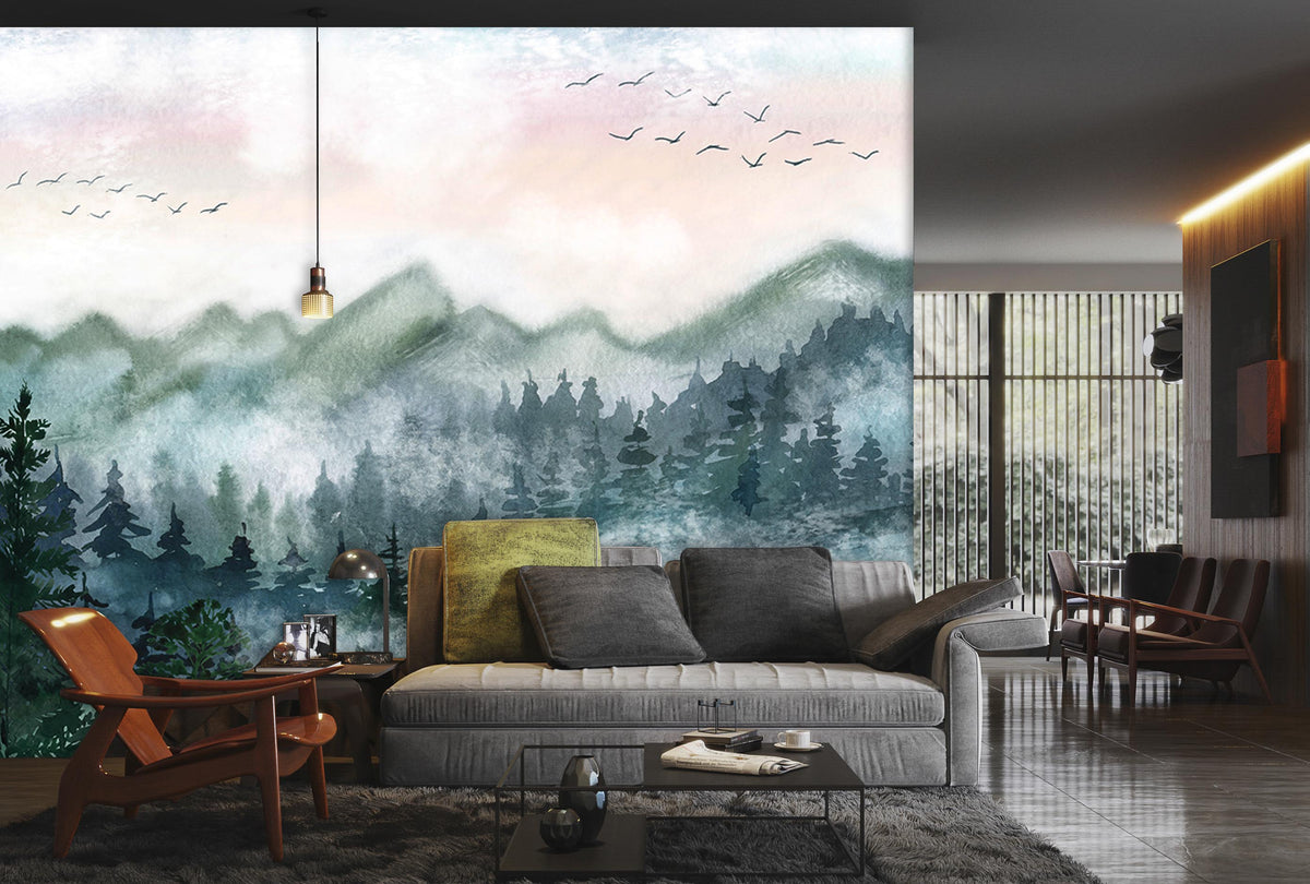 Mystical Misty Mountain Forest Mural; serene green hues, modern living room, grey sofa, wood flooring.