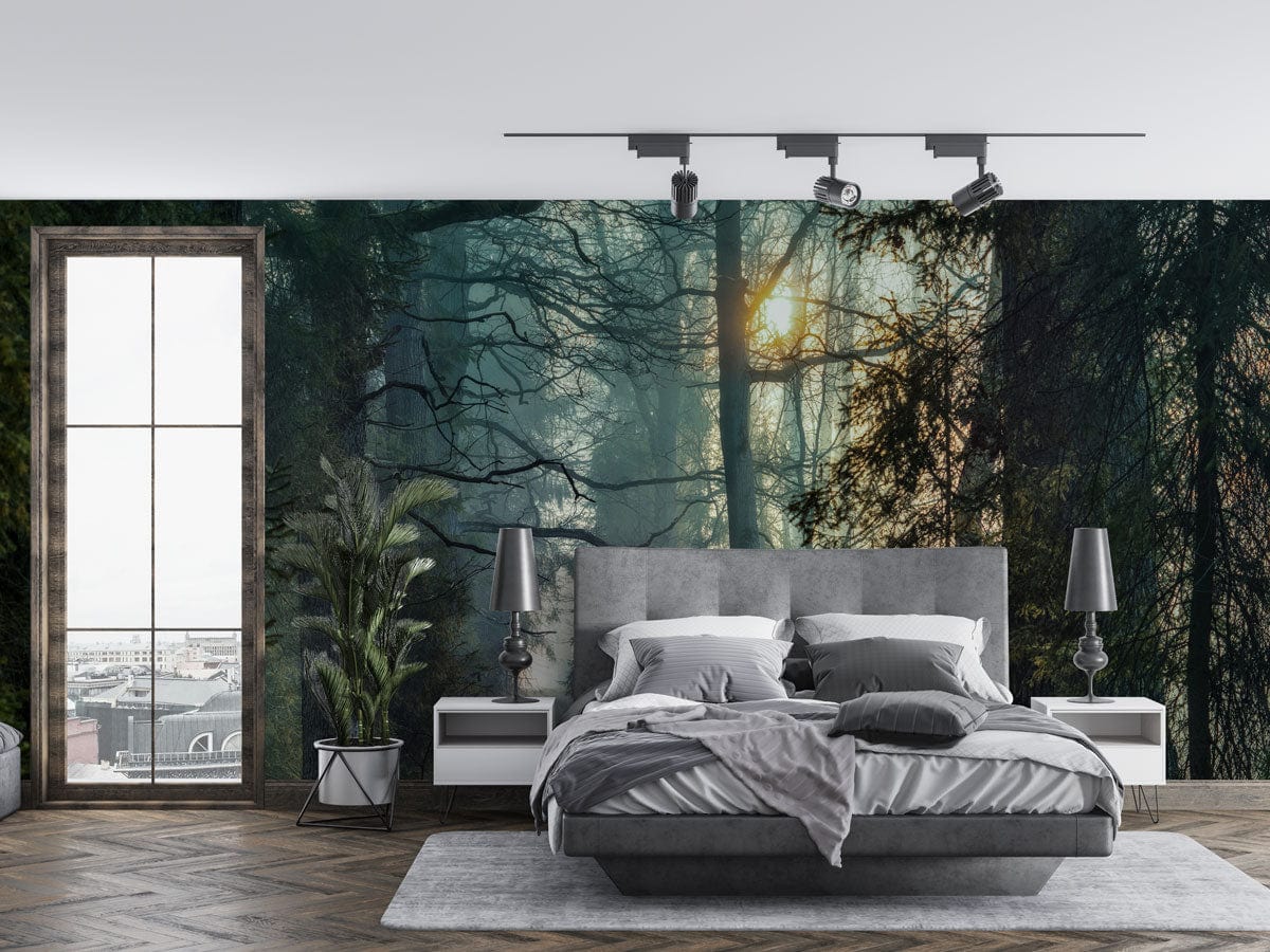Mystical Forest Path Wallpaper in bedroom, grey bed, wooden floor, nature decor, serene atmosphere.