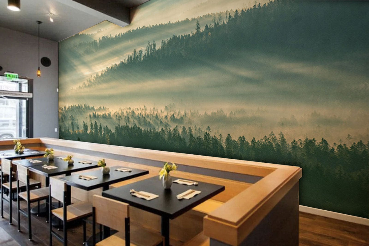 Restaurant with Serene Misty Forest Mural Wallpaper, wooden flooring, modern seating, tranquil ambience.