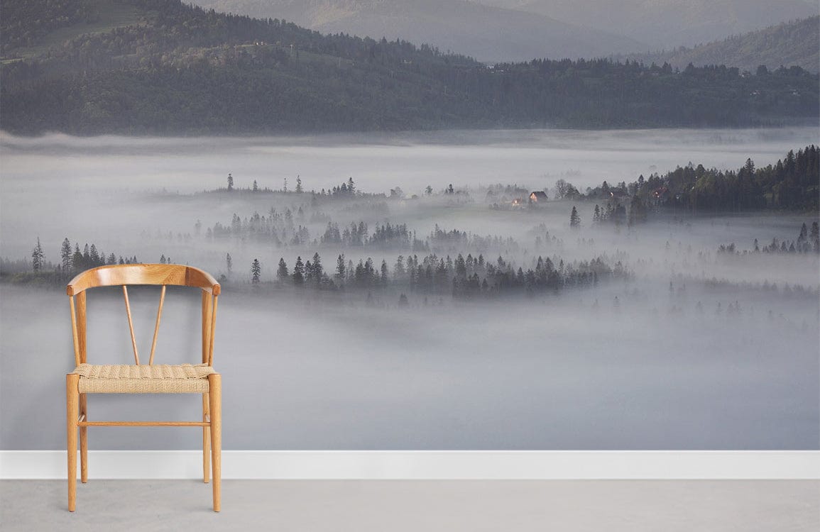 Scenic grey-blue mural wallpaper, wooden chair, minimalist style, Misty Mountain Forest Landscape.