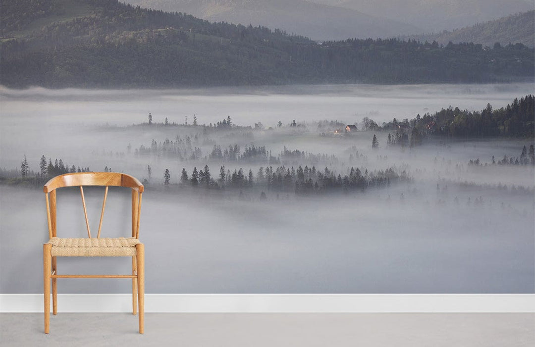 Scenic grey-blue mural wallpaper, wooden chair, minimalist style, Misty Mountain Forest Landscape.