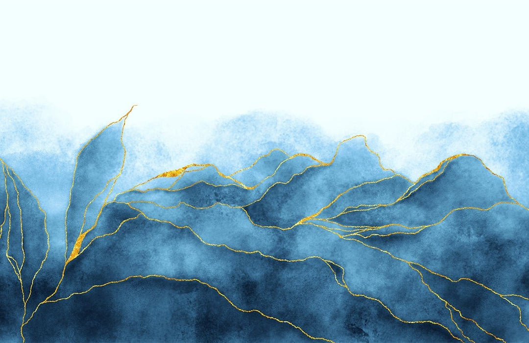 Luxury Blue and Gold Abstract Mountain Landscape Mural Wallpaper Design
