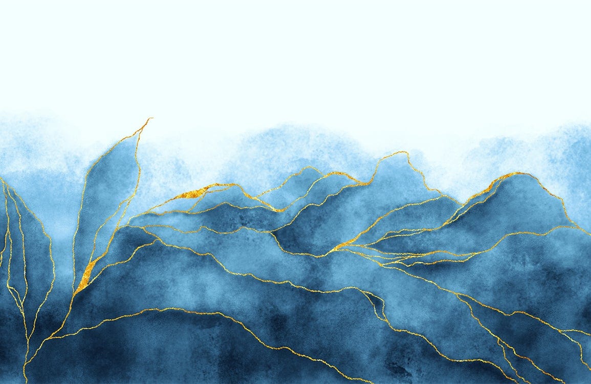 Luxury Blue and Gold Abstract Mountain Landscape Mural Wallpaper Design
