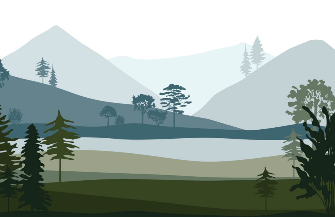 Tranquil Mountain Landscape Mural Wallpaper in Soft Greens and Blues.