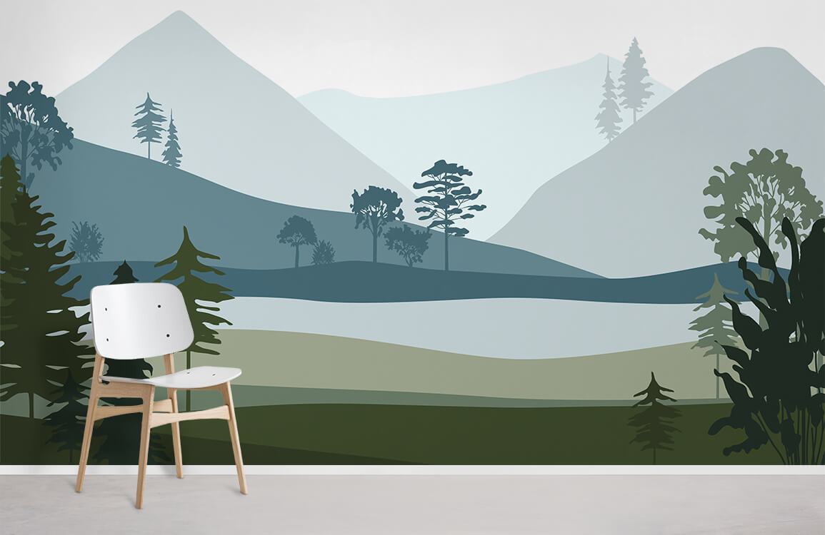 Tranquil mountain mural in greens and blues with white chair, wood flooring, in lounge setting.