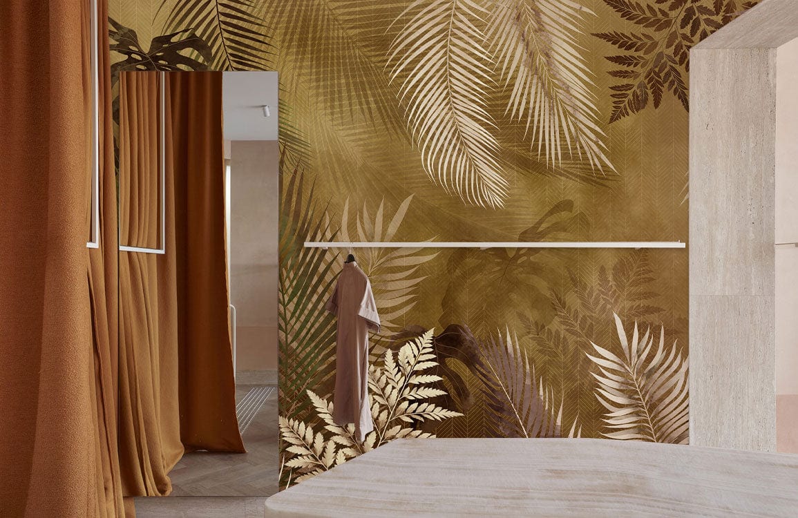 Vintage Tropical Foliage Wallpaper Mural in earthy browns, featuring beige wall, and natural wood flooring.