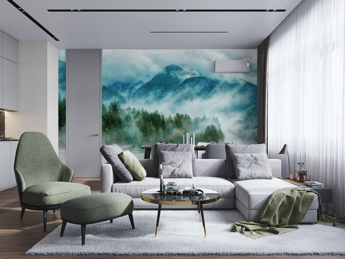 Serene Misty Mountain mural wallpaper, modern living room, grey sofa, green chairs, wooden flooring.