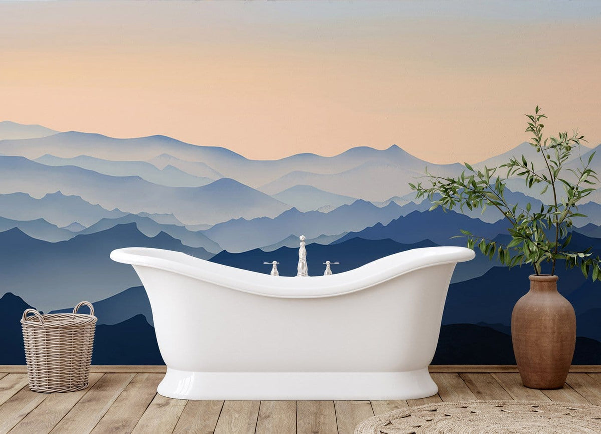 Serene blue mountain mural wallpaper in bathroom, with white bathtub, wooden flooring, and tranquil decor.