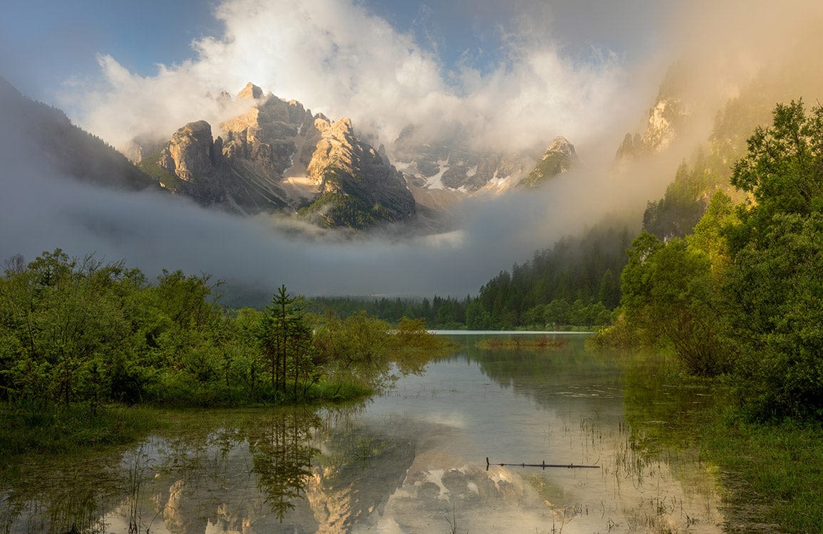 Misty Mountain Landscape Mural Wallpaper in Serene Green and Earth Tones