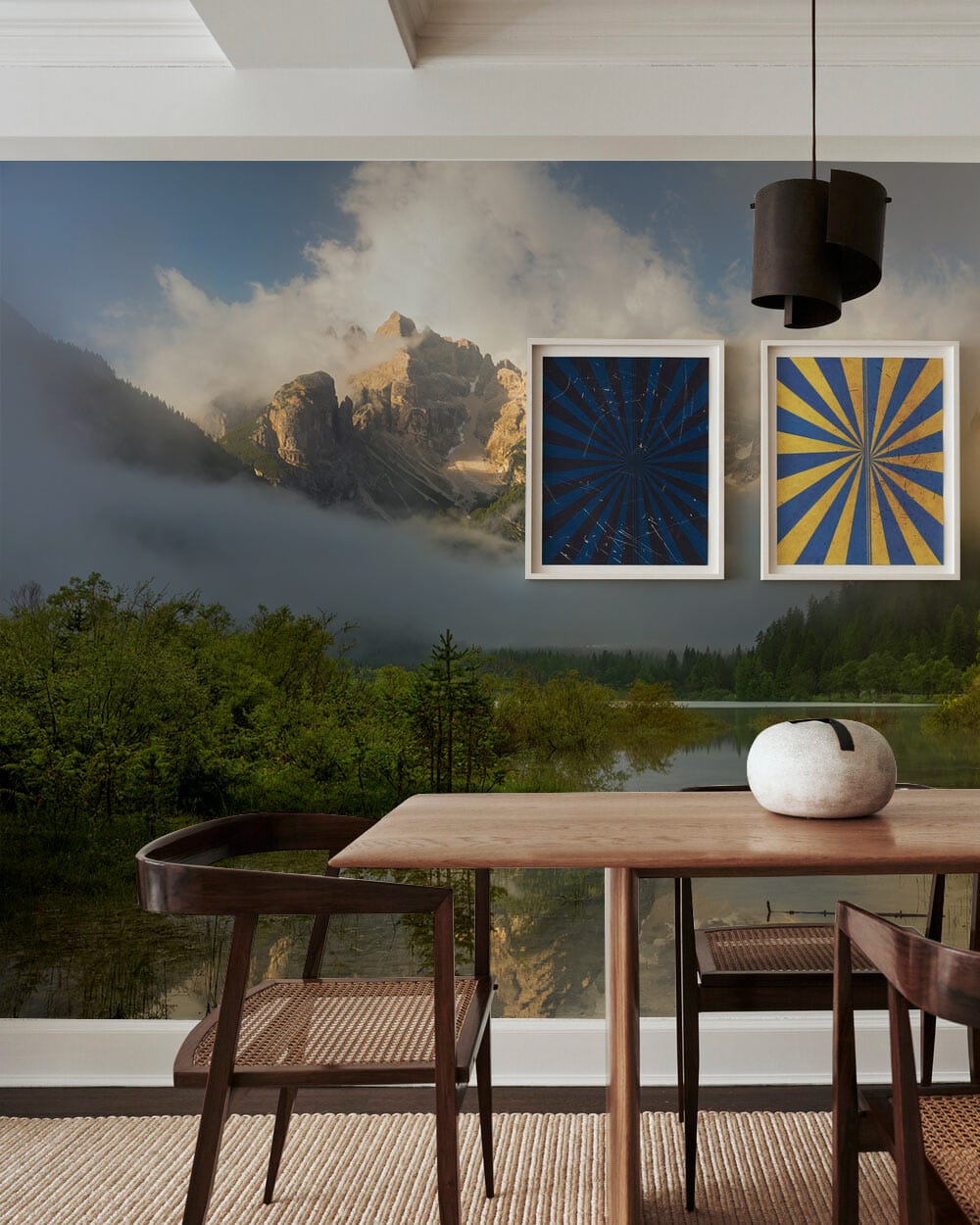 Misty Mountain Landscape Mural Wallpaper in dining room with modern furniture and decorative wall art.