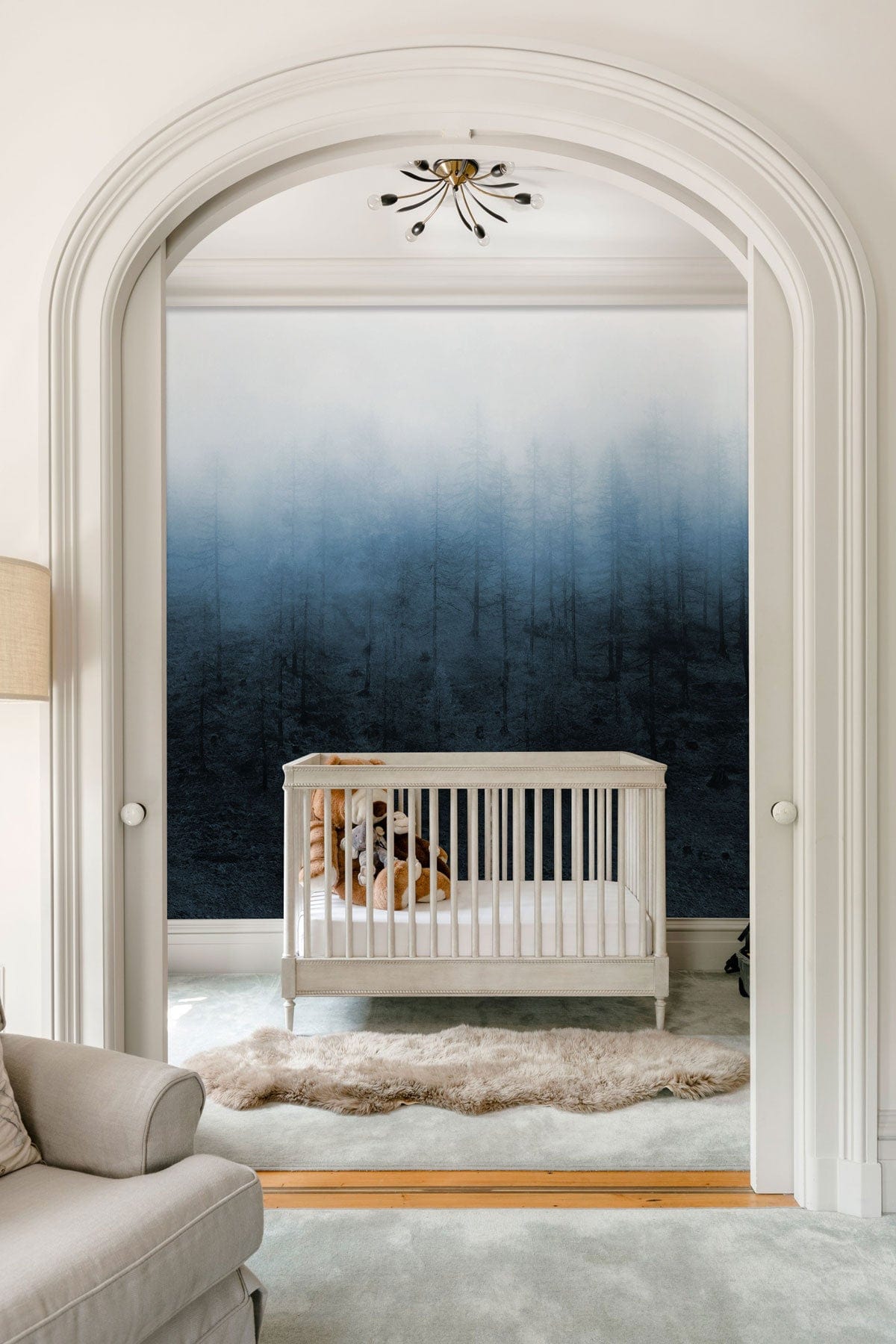 Misty Forest Scene Mural Wallpaper in Moody Blue Tones