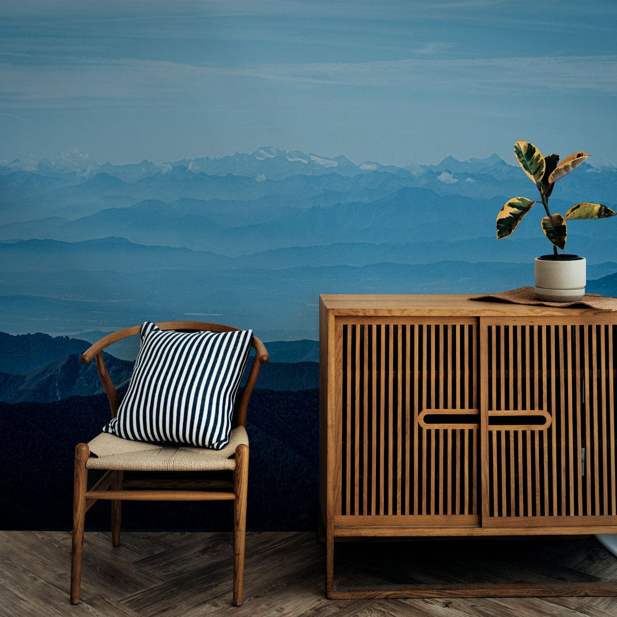 Tranquil Blue Mountain wallpaper in a room with wooden chair, striped cushion, and herringbone floor.