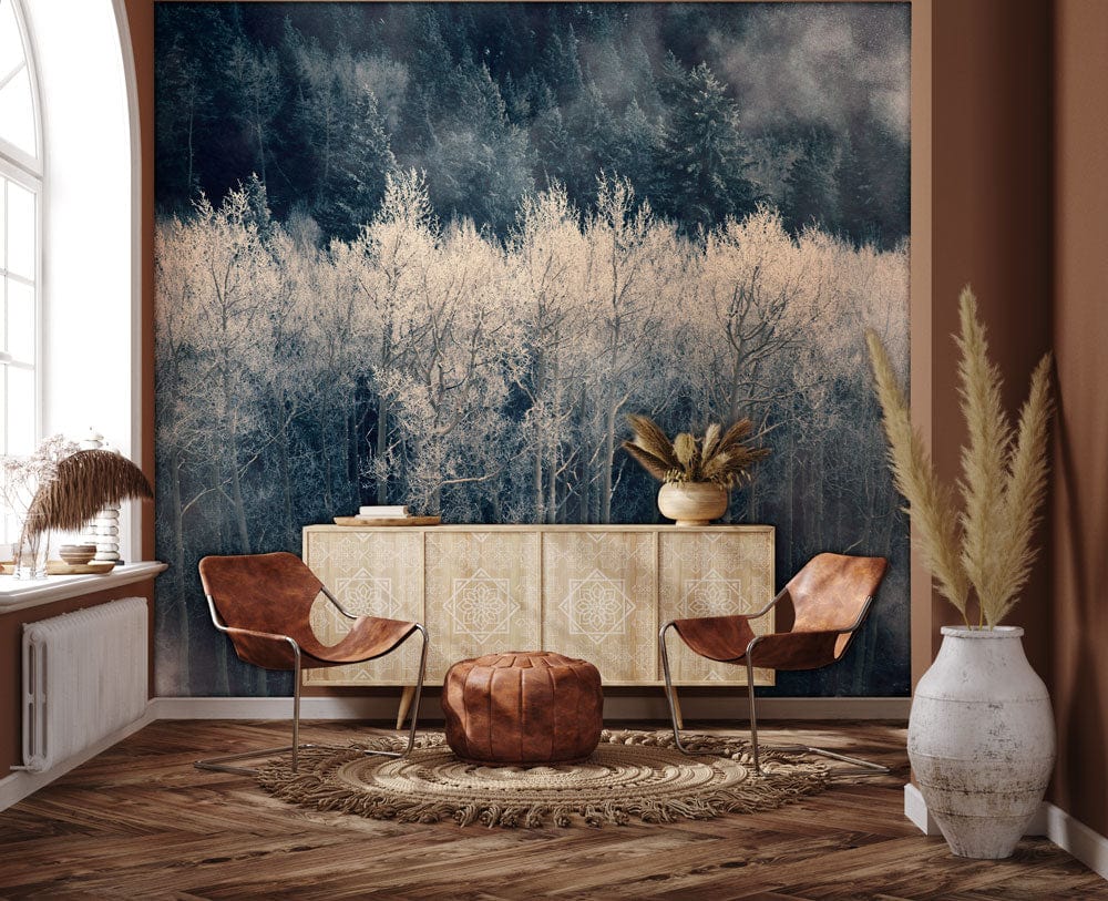 Enchanted Misty Forest mural in earthy lounge, leather chairs, parquet flooring, soft grey-brown palette.