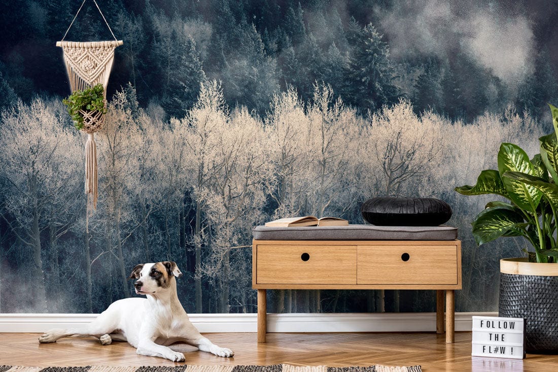 Enchanted Misty Forest Mural, wooden console, dog on hardwood floor, ethereal landscape wallpaper, living room.