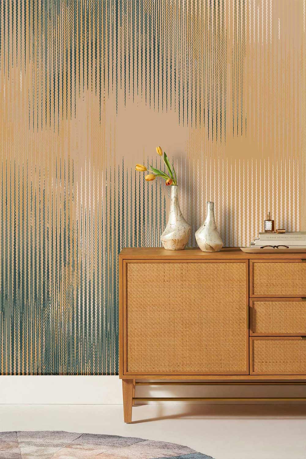Serene Abstract Striped Wallpaper, earthy tones, modern minimalistic room, wood sideboard, styled decor.