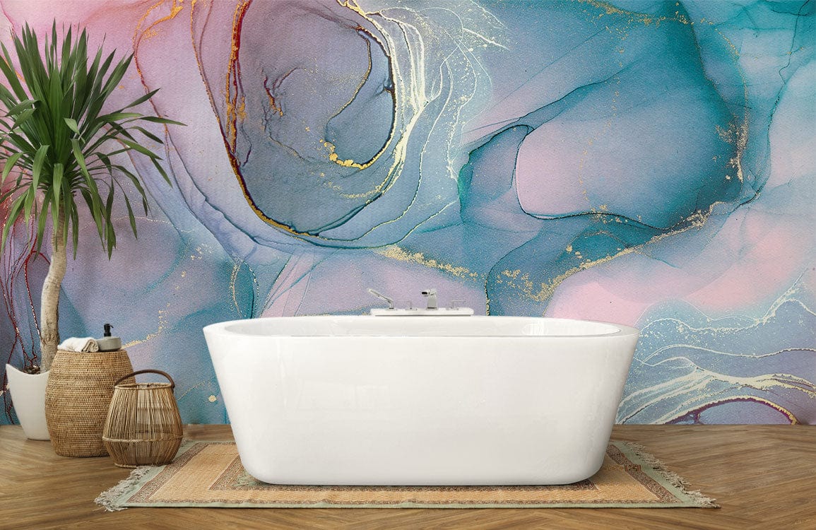 Elegant Abstract Watercolour Marble Mural Wallpaper in bathroom setting with white bathtub and wooden flooring.