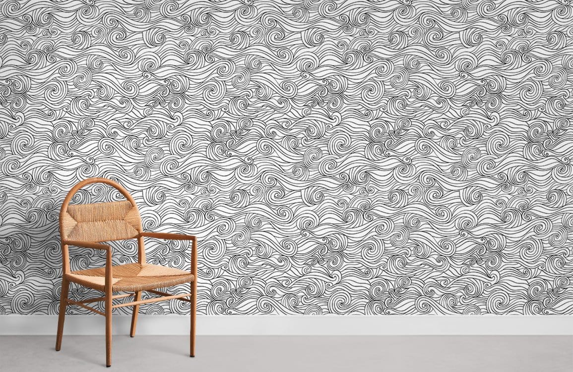 Monochrome swirling waves wallpaper, elegant modern interior, wicker chair, neutral flooring, minimalist style.