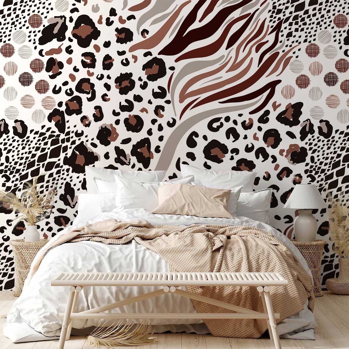 Exotic Jungle Safari Animal Print Mural Wallpaper in earthy tones, bedroom with white bedding, wicker bench.