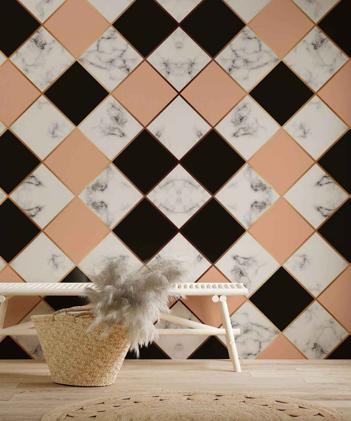 Elegant peach and black diamond wallpaper in a modern room with bench, basket, light wood flooring.