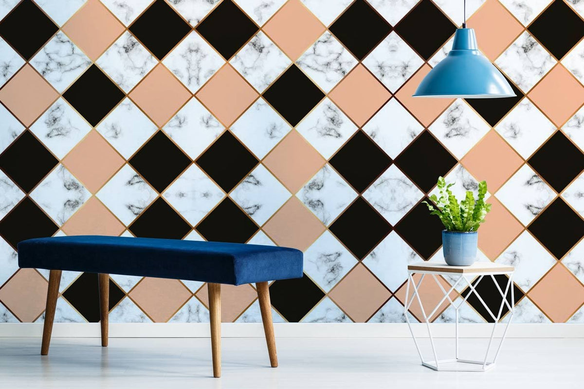 Elegant peach and black diamond pattern wallpaper with marble; blue bench, white flooring, modern lamp.