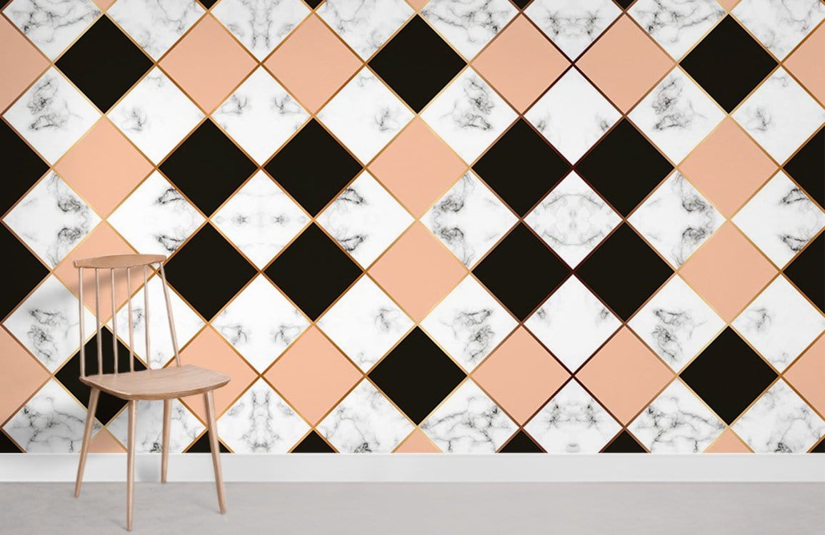 Elegant peach and black diamond wallpaper with marble accents, featuring a minimalist wooden chair.