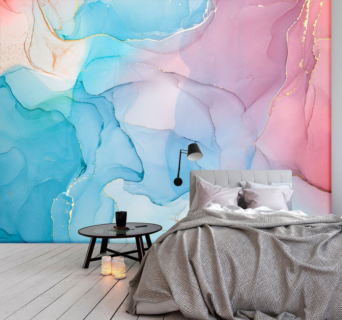 Pastel Dream Watercolour Abstract Mural Wallpaper with Gold Accents; contemporary bedroom, grey sofa, wood flooring.