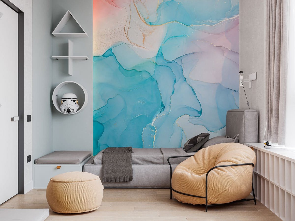 Pastel Dream Mural Wallpaper in modern lounge with grey sofa, beige armchair, and wood flooring.