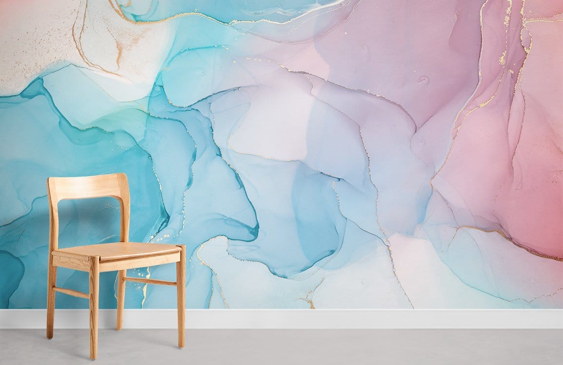 Pastel Dream watercolour abstract mural wallpaper with gold accents, elegant chair, contemporary room style.