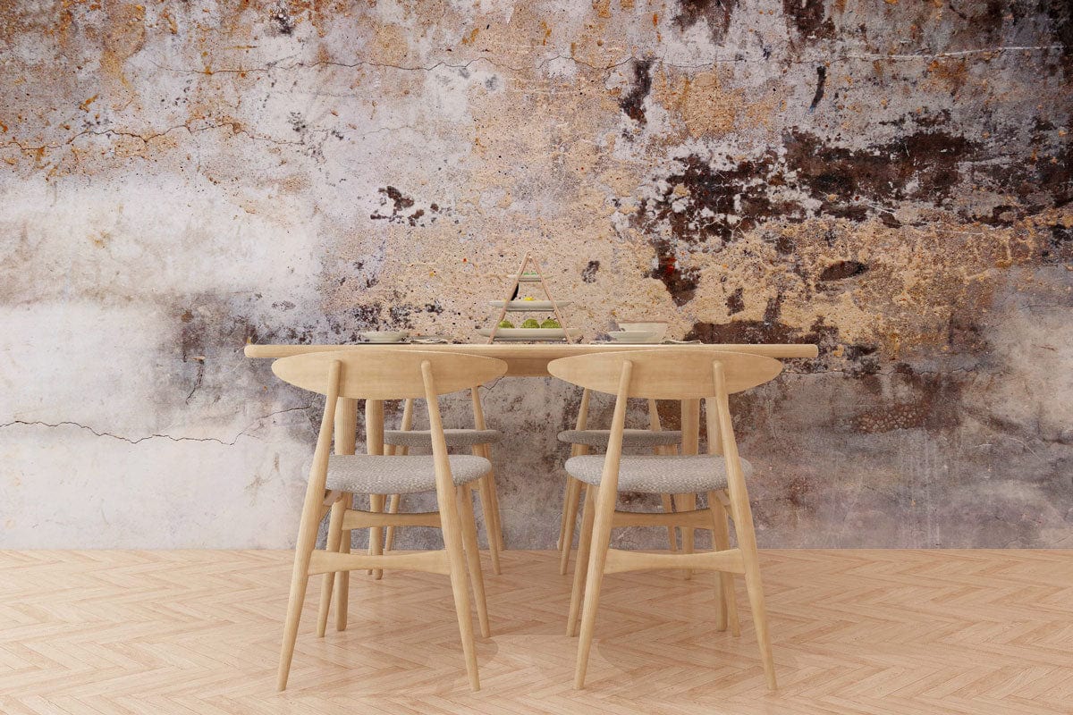Rustic dining room with Urban Decay mural, light wood furniture, parquet flooring, industrial wallpaper design.