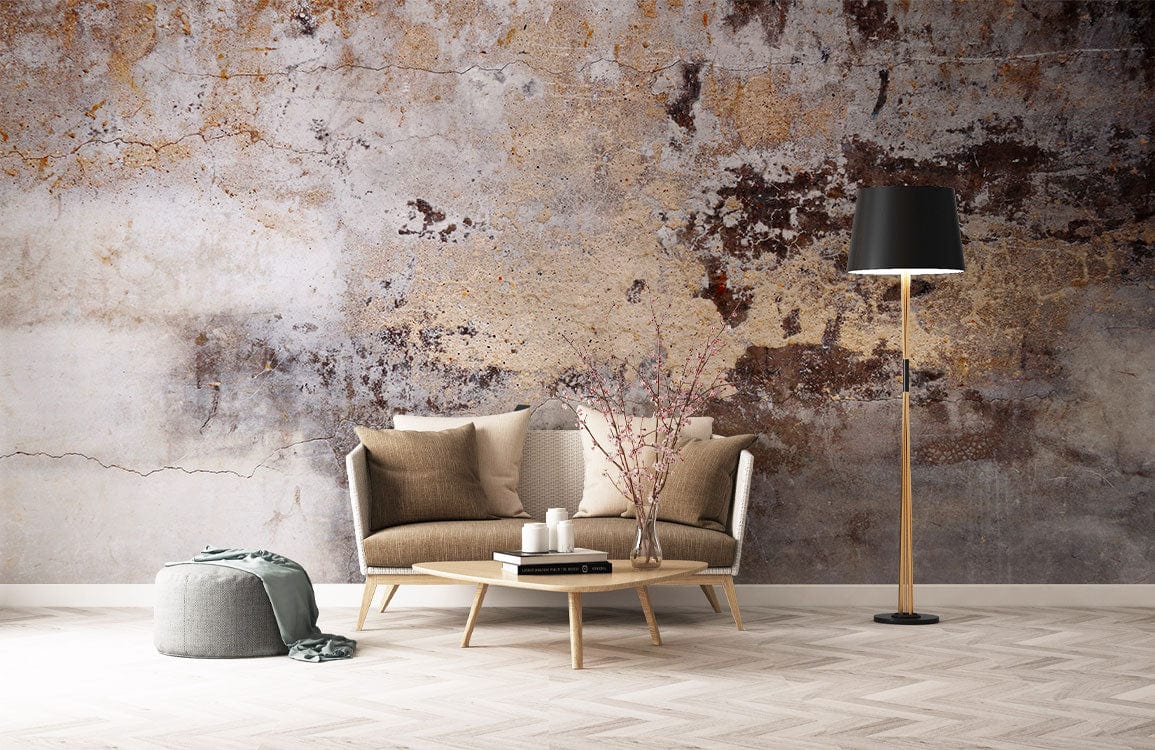 Vintage Urban Decay wallpaper with industrial style, beige sofa, modern floor lamp, hardwood flooring.