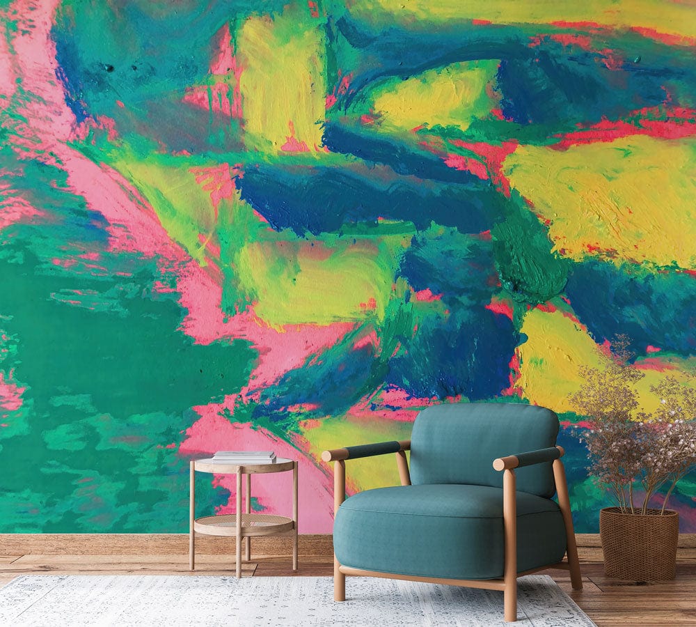 Vibrant abstract neon wallpaper with teal sofa and wooden side table on wooden flooring.