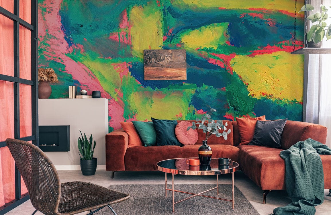 Vibrant abstract neon brushstroke pattern wallpaper, bold colours; orange velvet sofa, modern living room.