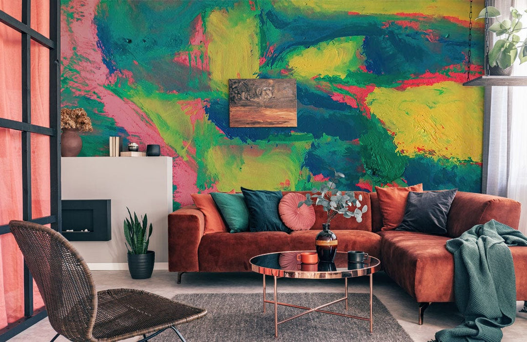 Vibrant abstract neon brushstroke pattern wallpaper, bold colours; orange velvet sofa, modern living room.