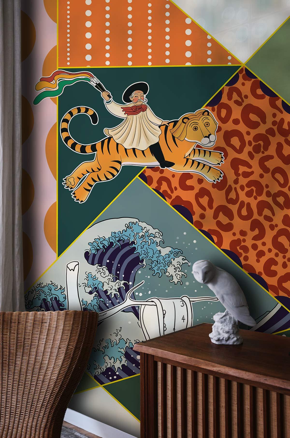 Eclectic Artistic Collage Mural Wallpaper in vibrant colours, whimsical style; wicker chair, wooden sideboard.