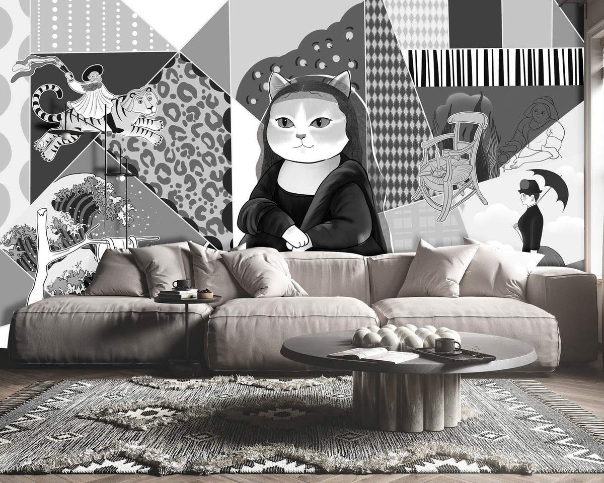 Monochrome geometric cat wall mural in living room with beige sofa, abstract patterns, round coffee table.