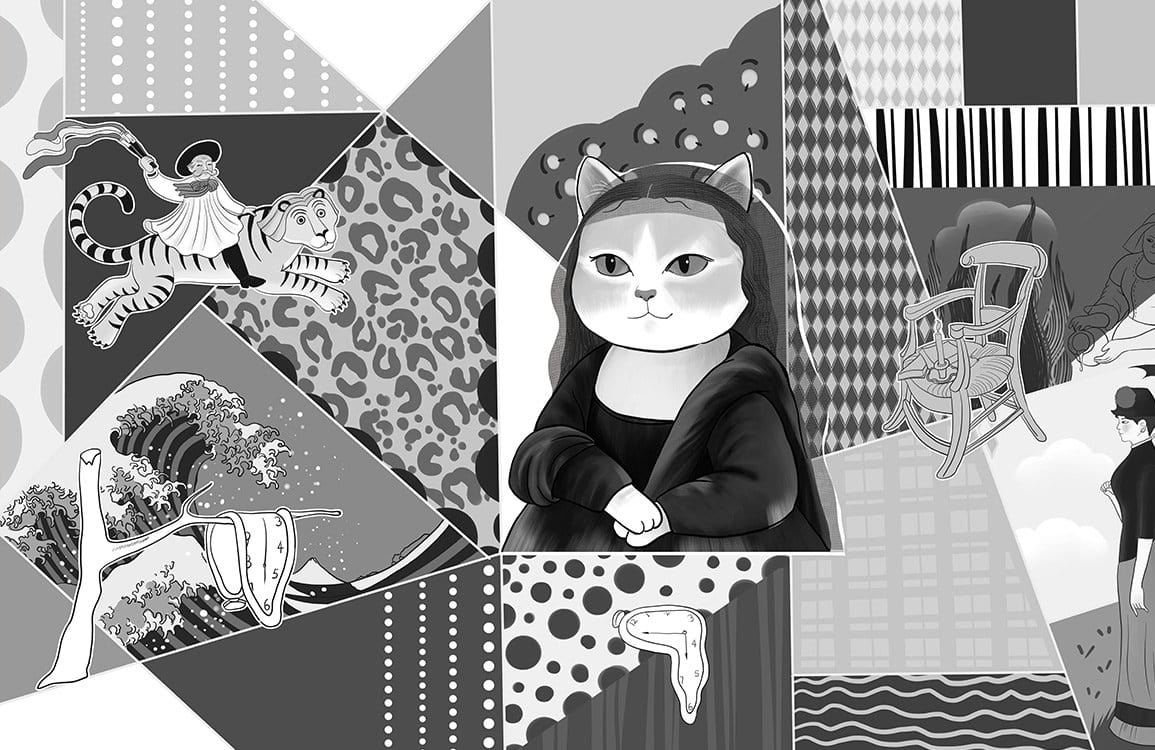 Monochrome Geometric Cat Art Deco Wall Mural with Abstract Patterns