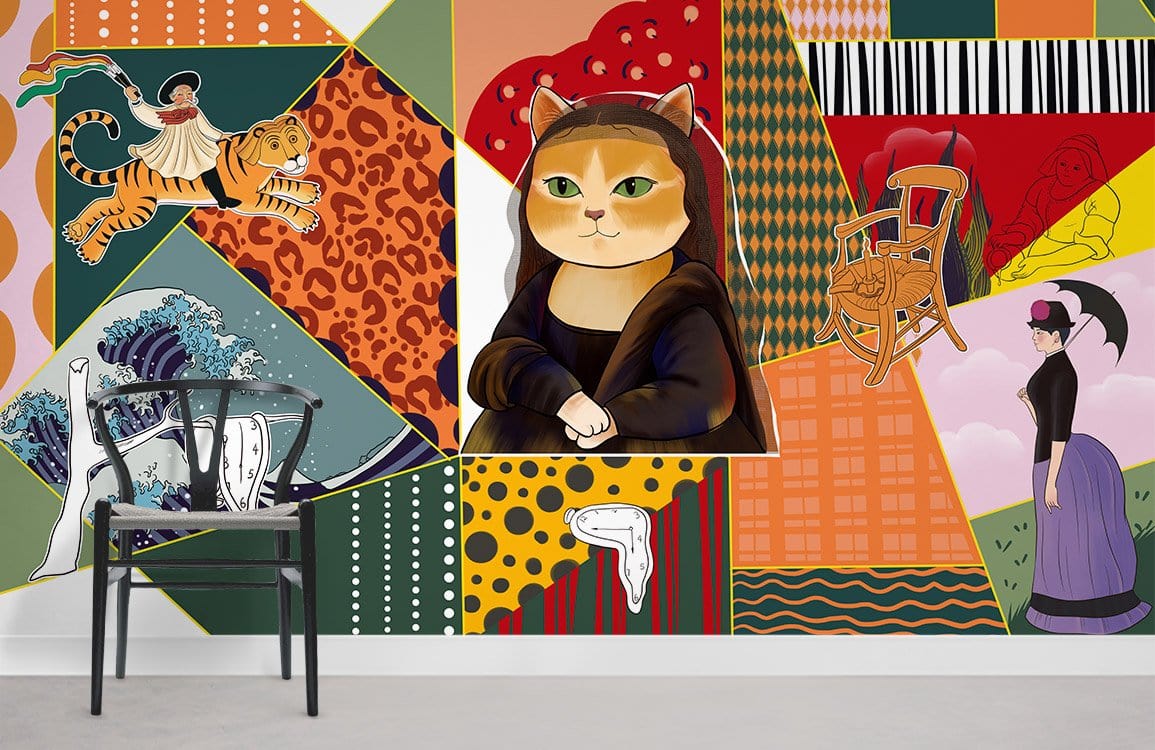 Eclectic artistic collage mural wallpaper, whimsical style, vibrant colours, black chair, minimalist flooring.