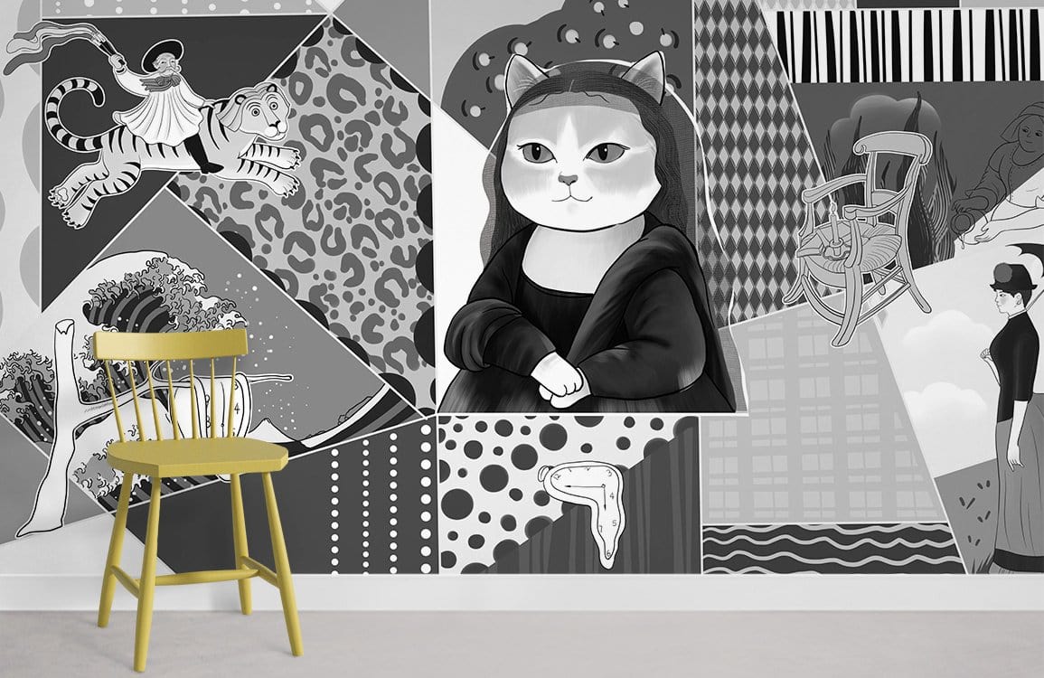 Monochrome geometric cat wall mural with abstract patterns, featuring yellow chair, grey wall, modern decor.