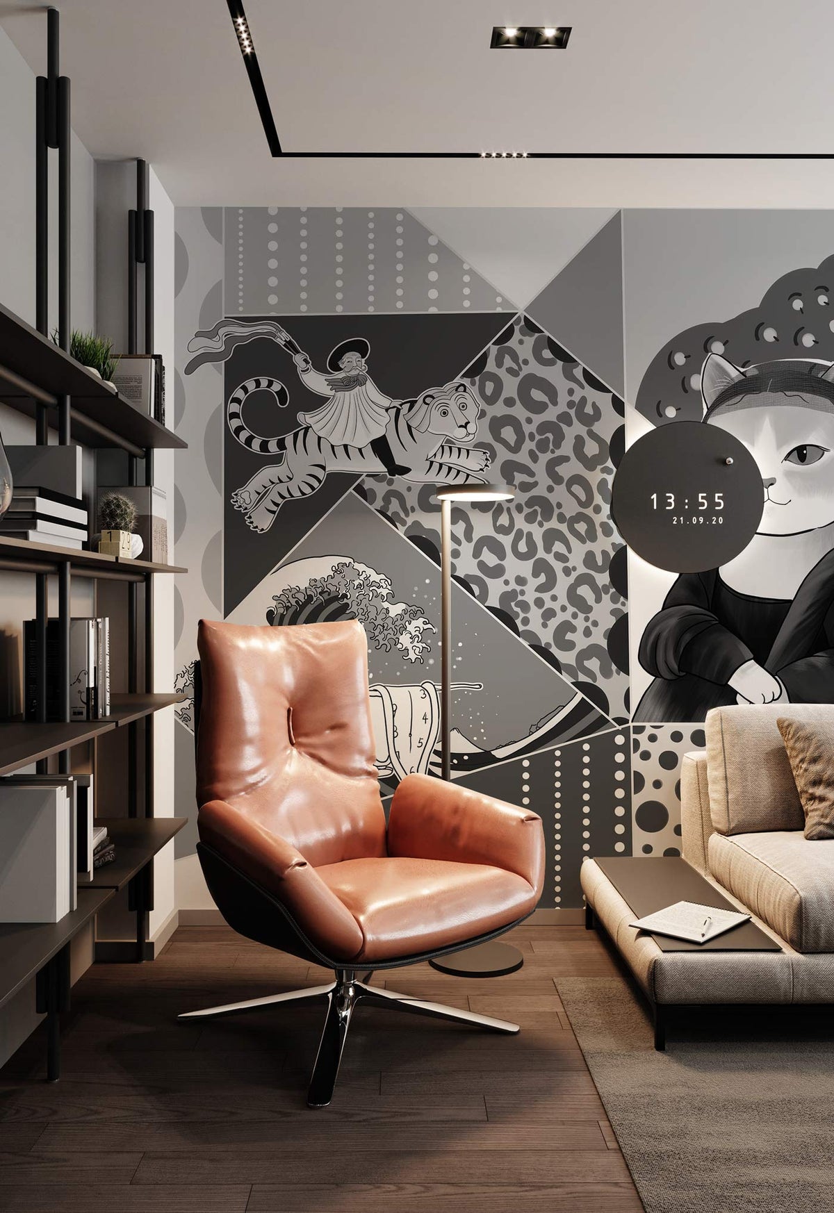 Monochrome Geometric Cat Art Deco Mural in stylish living room with brown leather chair, grey sofa.